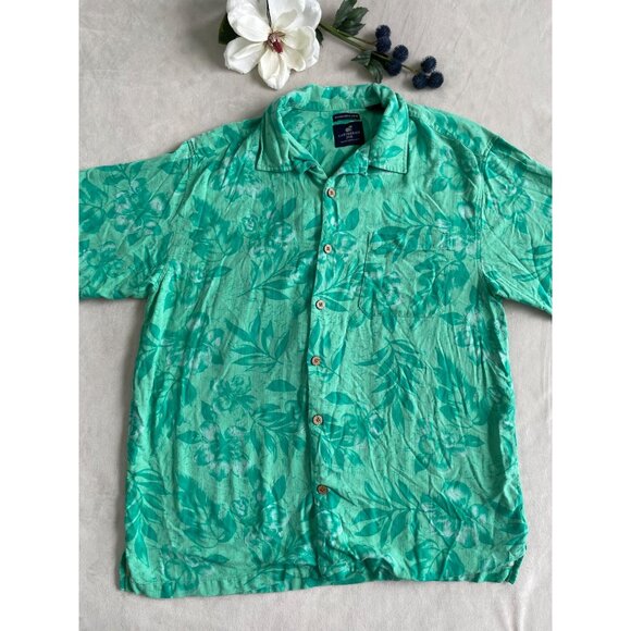 Caribbean Joe Mens XL Teal Hawaiian Floral Wood Buttons Shirt Washable Silk - Picture 1 of 8